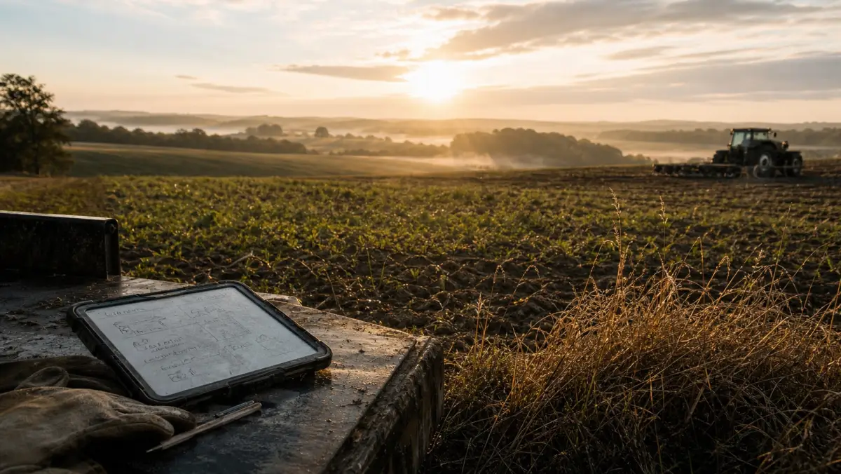 A farm field at sunrise with a tablet and tractor in active use