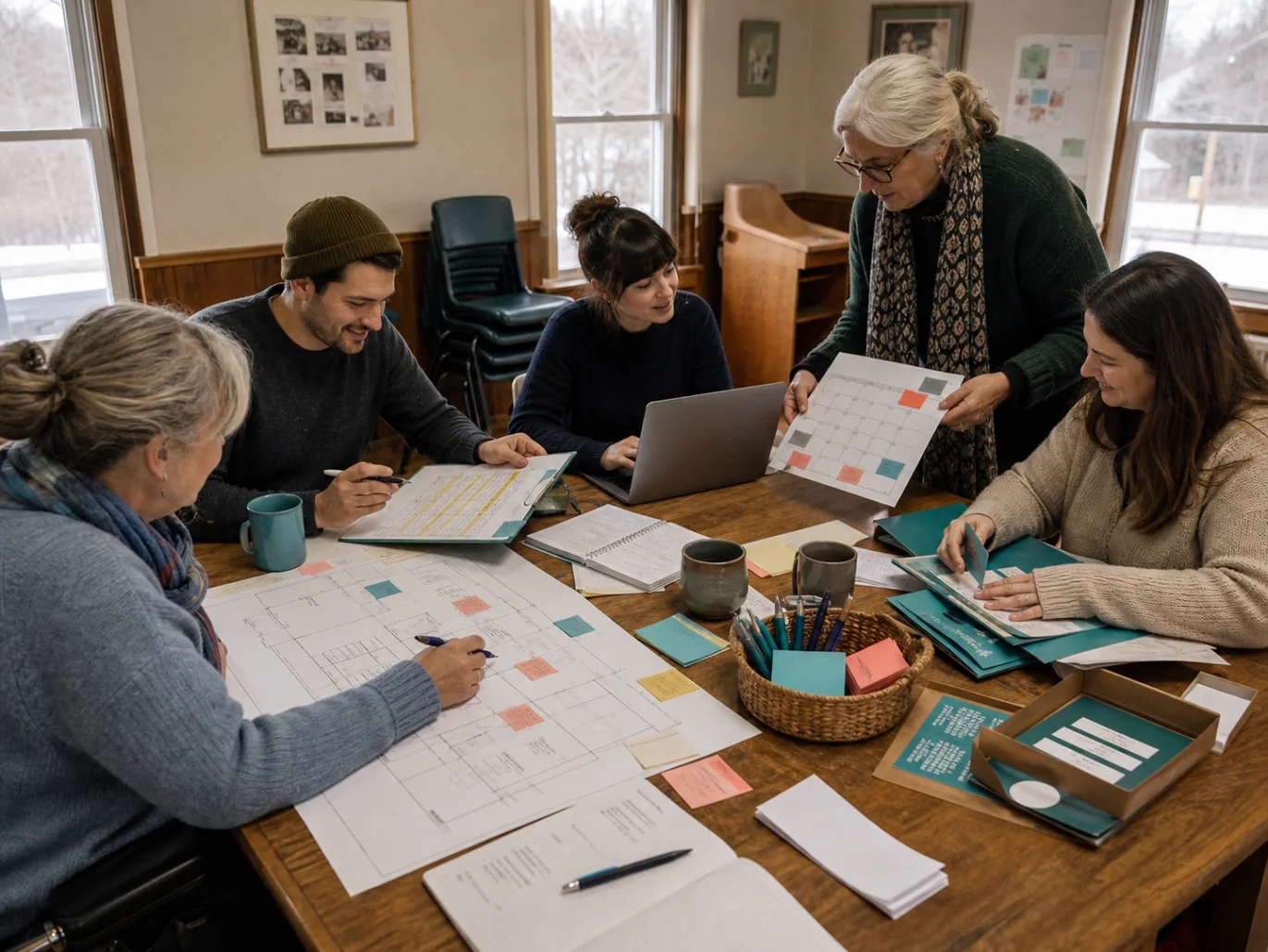 Five community organizers coordinating different responsibilities around a shared table