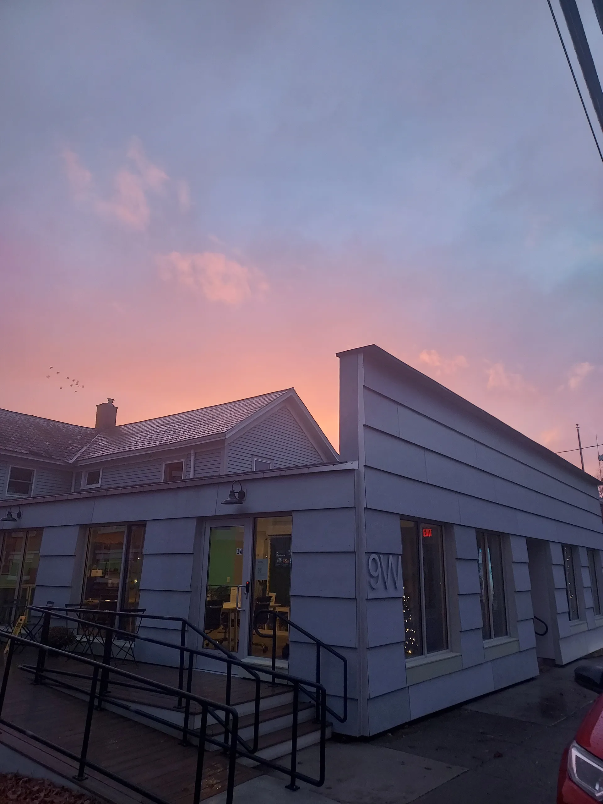 The Valley Hub building at 9 West Main Street in Cambridge at sunset