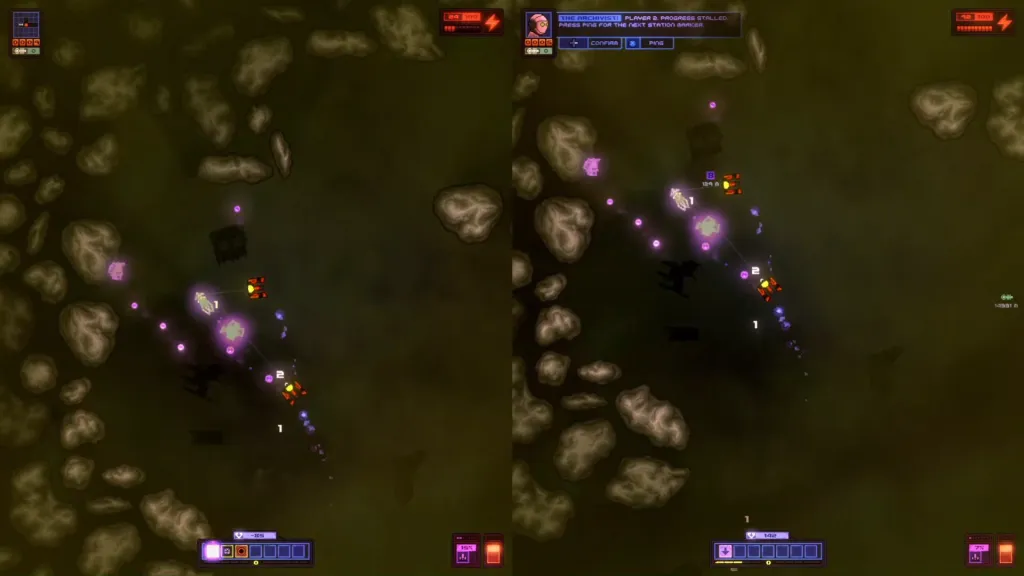 Devoid split-screen gameplay inside a space dungeon