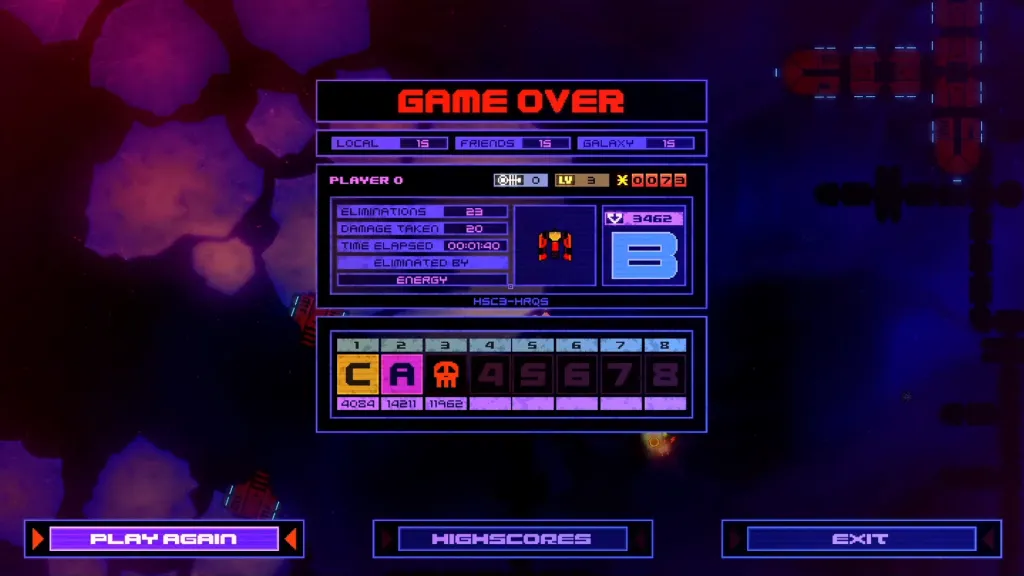 The Devoid game over screen after a challenge run