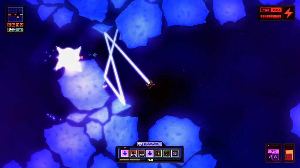 Devoid gameplay showing a laser reflecting off ice in a space dungeon