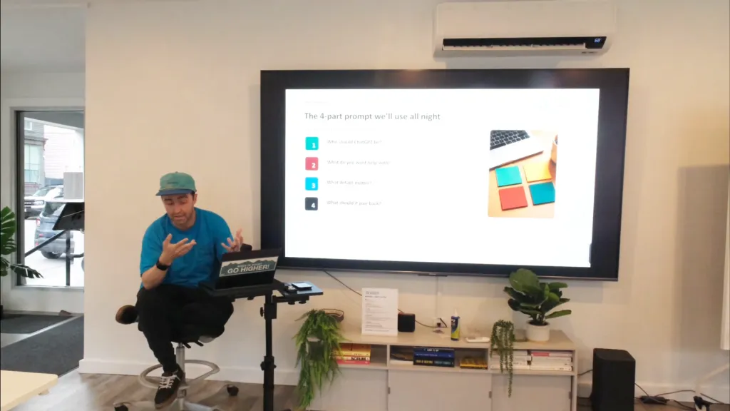 Andrew Flynn presenting an AI career workshop slide at The Valley Hub