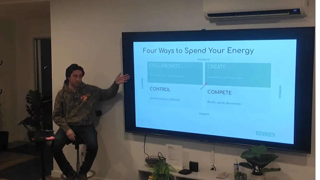 A workshop slide showing ways communities spend energy from control to creation