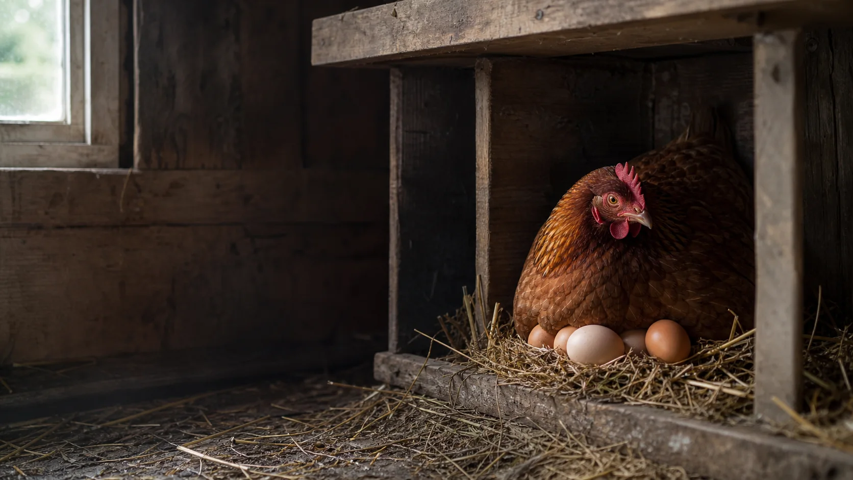 A mother hen brooding eggs in a working farm nesting box