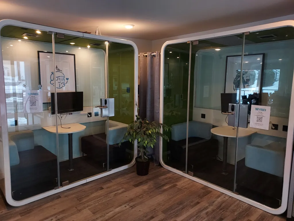 Private work pods inside The Valley Hub